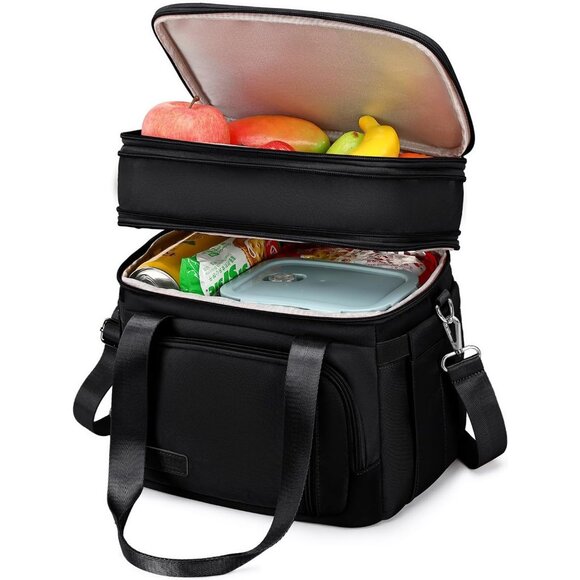 Double Deck Insulated Lunch Box for Men & Women, Leakproof Tote Cooler (Black) - Picture 1 of 7